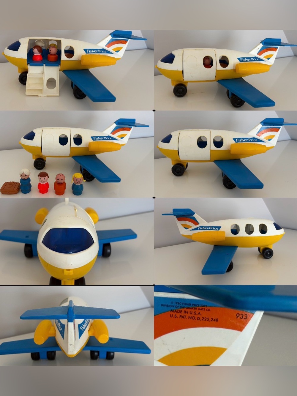 Vintage Fisher-Price Yellow & Blue Toy Airplane with Passengers